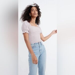 Madewell Seersucker Hopewell Puff-Sleeve Ikat Crop Top in Plaid